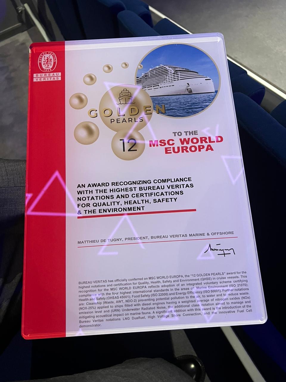 "12 Golden Pearls" Award for the new cruise ship "MSC WORLD EUROPA" granted by Bureau Veritas in Qatar